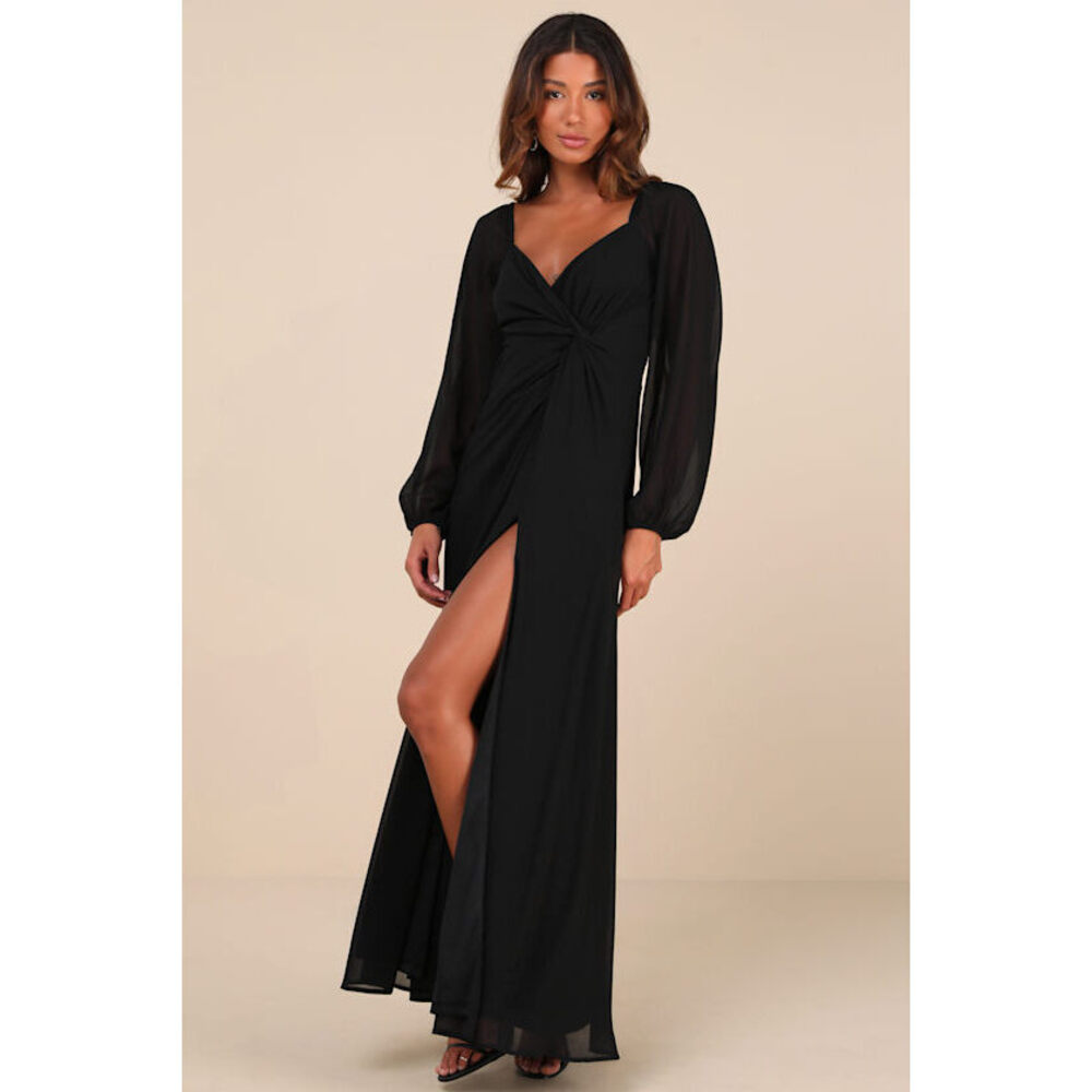 Lulus Composed Soiree Black Twist-front Long Sleeve Maxi Dress - Size L